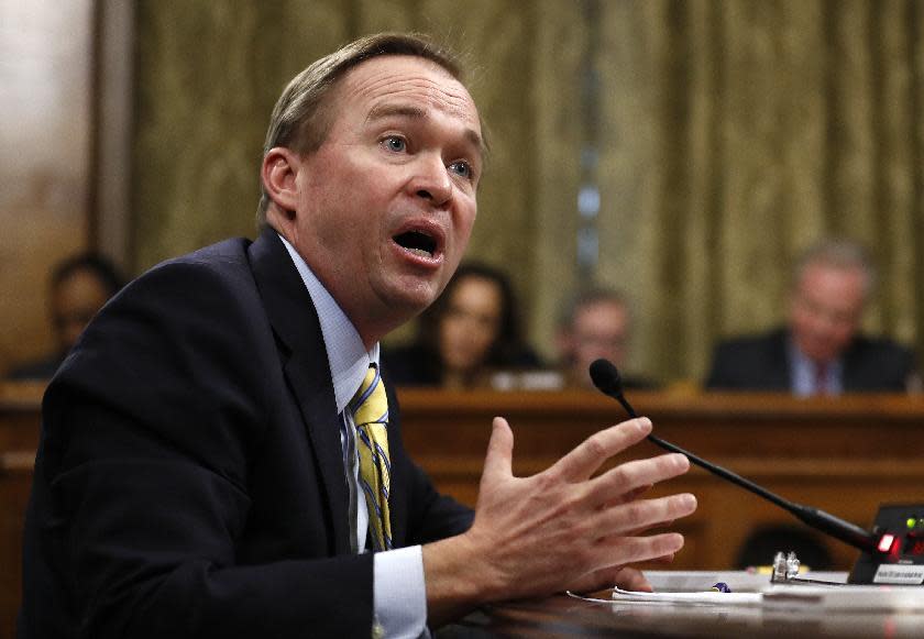 Budget Director-designate Rep. Mick Mulvaney, R-S.C., testifies on Capitol Hill in Washington, Tuesday, Jan. 24, 2017, at his confirmation hearing before the Senate Budget Committee. (AP Photo/Carolyn Kaster)