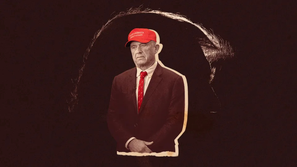  Photo collage of RFK Jr, standing solemnly against a huge silhouette of Trump. He is wearing a red tie and a MAGA hat. 