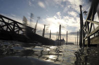 Water starts rising again in Venice, Italy, Saturday, Nov. 16, 2019. High tidal waters returned to Venice on Saturday, four days after the city experienced its worst flooding in 50 years. (AP Photo/Luca Bruno)