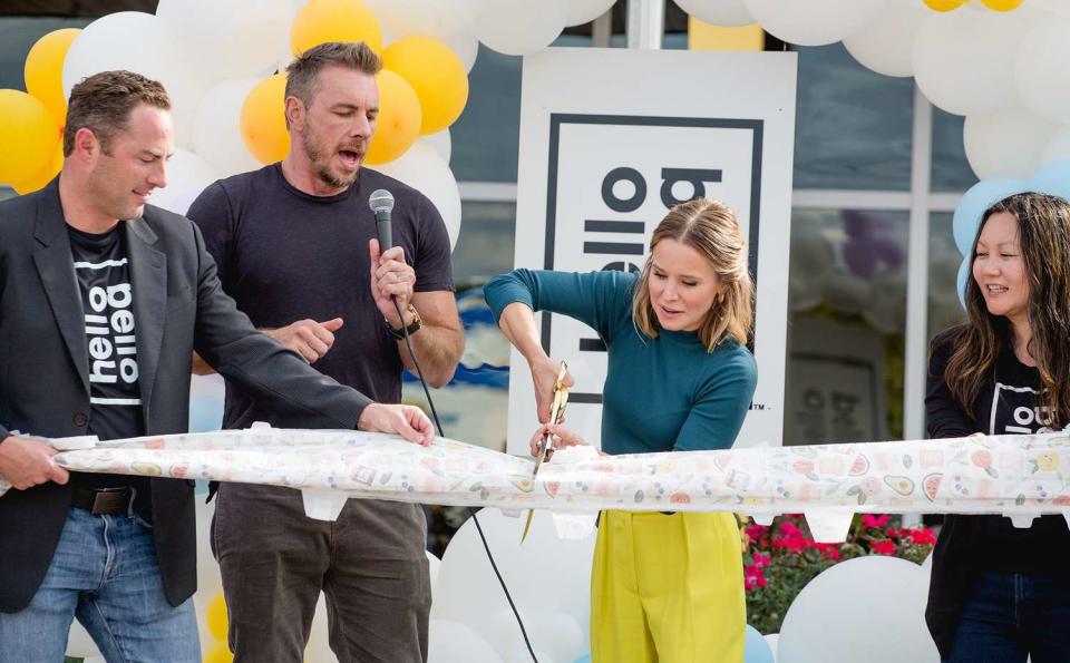 Jay McGraw, Dax Shepard, Kristen Bell, and Jennifer Pullen attend the grand opening of Hello Bello’s first wholly-owned U.S. diaper distribution and manufacturing center on October 26, 2021 in Waco, Texas