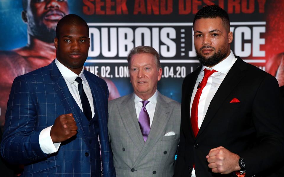 Daniel Dubois (left), Frank Warren (centre) and Joe Joyce during the press conference at BT Tower, London - PA