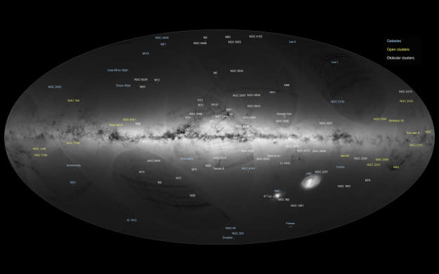 Este es el atlas de la Vía Láctea y de las galaxias vecinas basado en las observaciones del telescopio Gaia, difundido este 4 de septiembre de 2016 por ESA. Es el atlas celeste más preciso jamás realizado, con 1.142 millones de estrellas de la Vía Láctea.