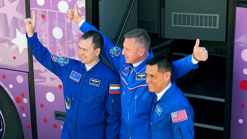 A photo of the three stranded astronauts: Frank Rubio, Sergey Prokopyev and Dmitri Petelin.  