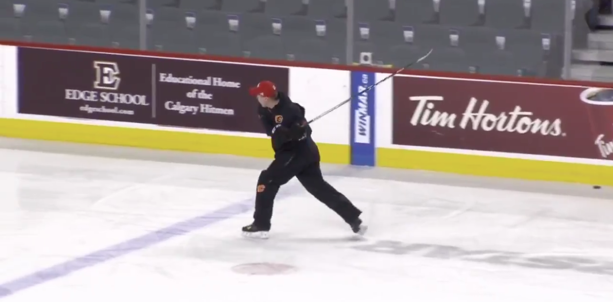 The preparation on this stick toss by Glen Gulutzan is nearly perfect. The toss itself was a clean 10/10. (Twitter/Tim and Sid)