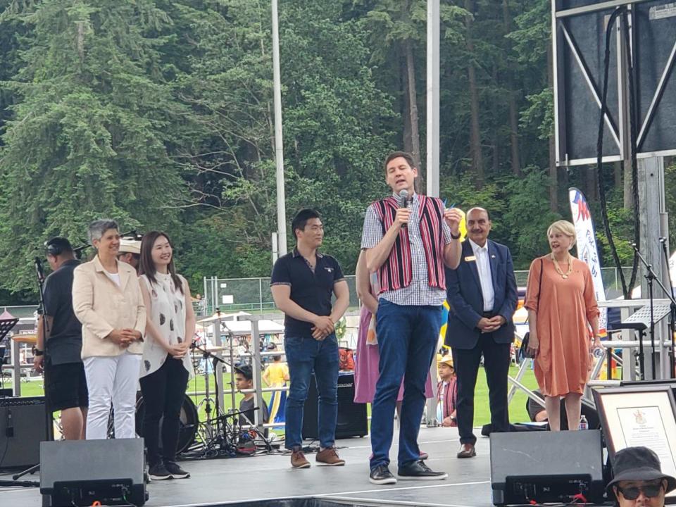 BC Premier David Eby addressing attendees at the Pinoy Festival in Burnaby, June 22, 2024. Eby announced that the province is planning a new Filipino cultural centre in the Lower Mainland.