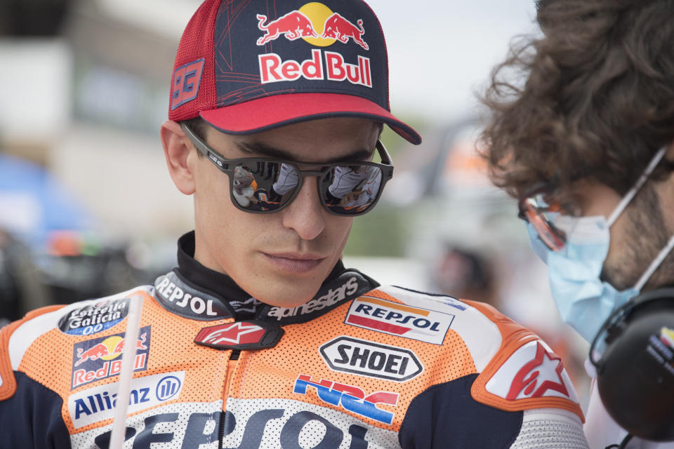 BARCELONA, SPAIN - JUNE 06: Marc Marquez of Spain and Repsol Honda Team prepares to start on the grid during the MotoGP race during the MotoGP of Catalunya - Race at Circuit de Barcelona-Catalunya on June 06, 2021 in Barcelona, Spain. (Photo by Mirco Lazzari gp/Getty Images)