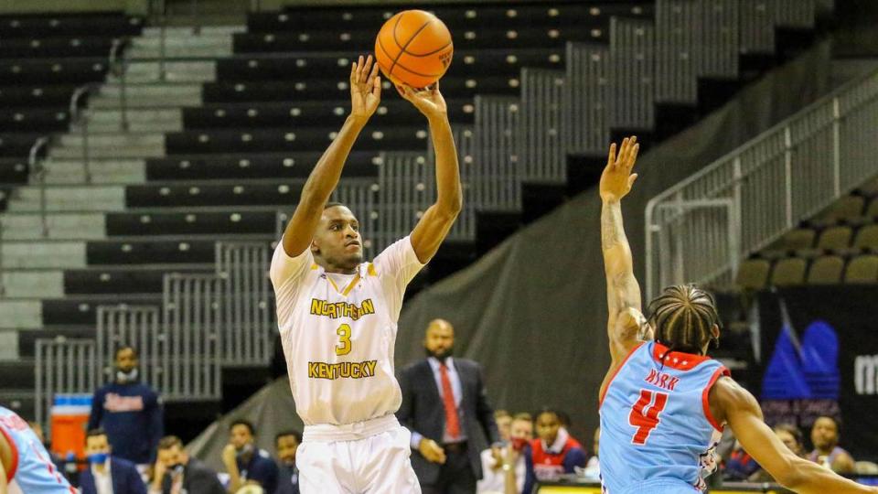 Marques Warrick left Henry Clay High School in 2020 as the Blue Devils’ all-time leading scorer (1,909 points). The Northern Kentucky University senior guard entered Saturday’s game with Detroit needing 20 more points to become NKU’s all-time points leader. Presently, Drew McDonald owns the Norse scoring mark with 2,066 career points. Bryan McEldowney/Northern Kentucky University Athletics