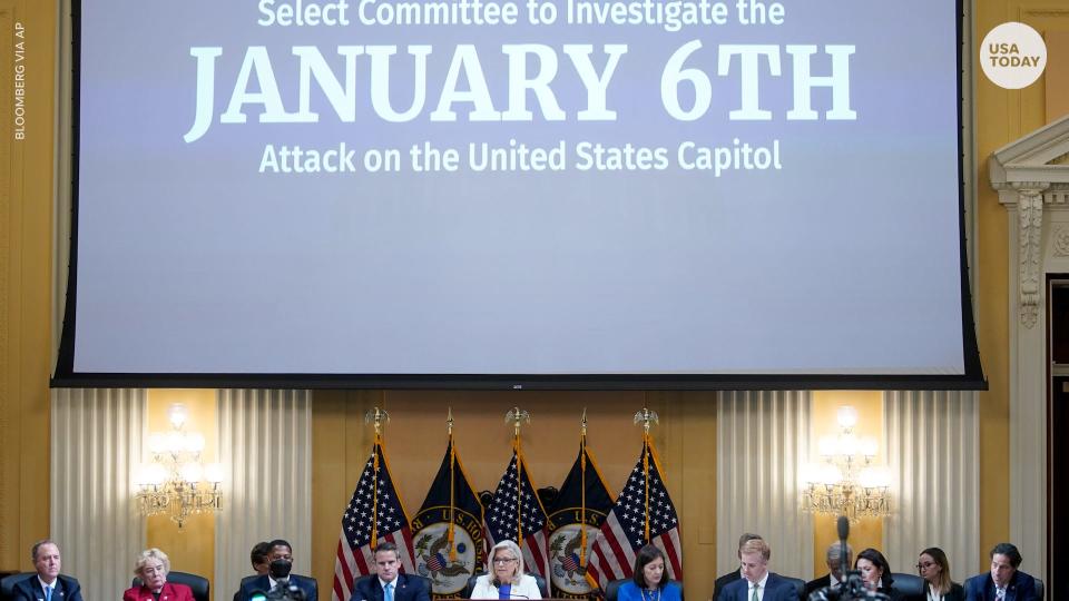 Vice Chair Liz Cheney, R-Wyo., center, speaks as the House select committee investigating the Jan. 6 attack on the U.S. Capitol holds a hearing at the Capitol in Washington on Thursday. From left, Rep. Adam Schiff, D-Calif., Rep. Zoe Lofgren, D-Calif., Rep. Adam Kinzinger, R-Ill., Vice Chair Liz Cheney, R-Wyo., Rep. Elaine Luria, D-Va., Rep. Stephanie Murphy, D-Fla., and Rep. Jamie Raskin, D-Md.