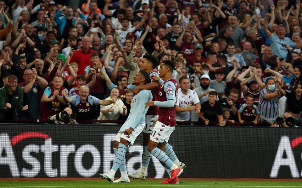 Leon Bailey of Aston Villa celebrates after scoring a goal to make it 3-0.  - James Williamson - AMA/Getty Images