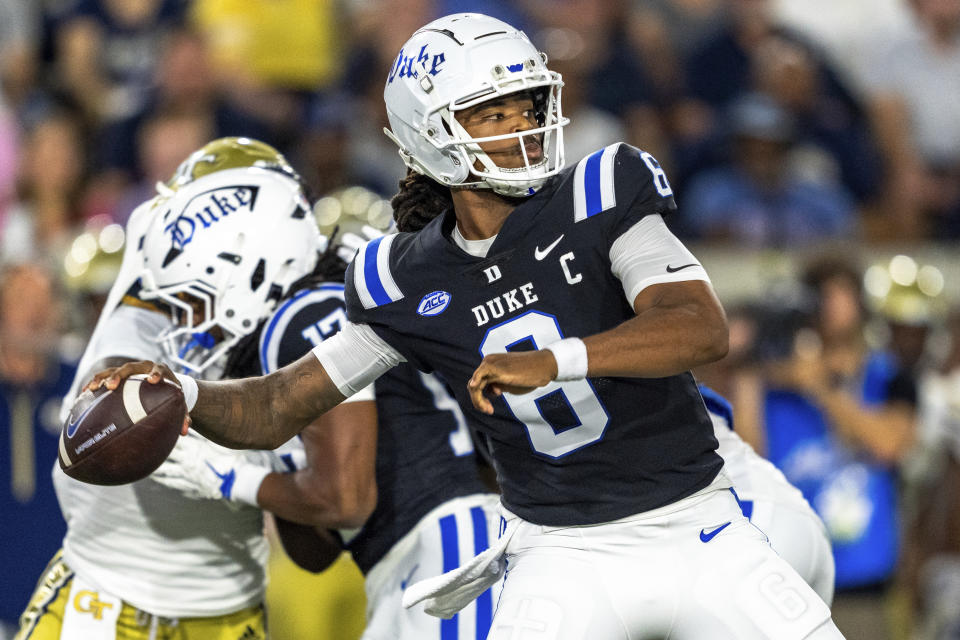 Duke quarterback Maalik Murphy (6) drops back to pass in the first quarter of a football game against the Georgia Tech, during an NCAA college football game, Saturday, Oct. 5, 2024, in Atlanta. (AP Photo/Jason Allen)