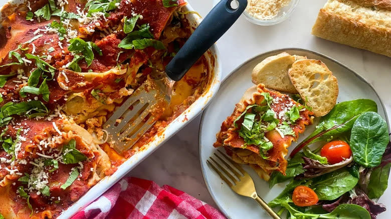 Vegan lasagna with salad