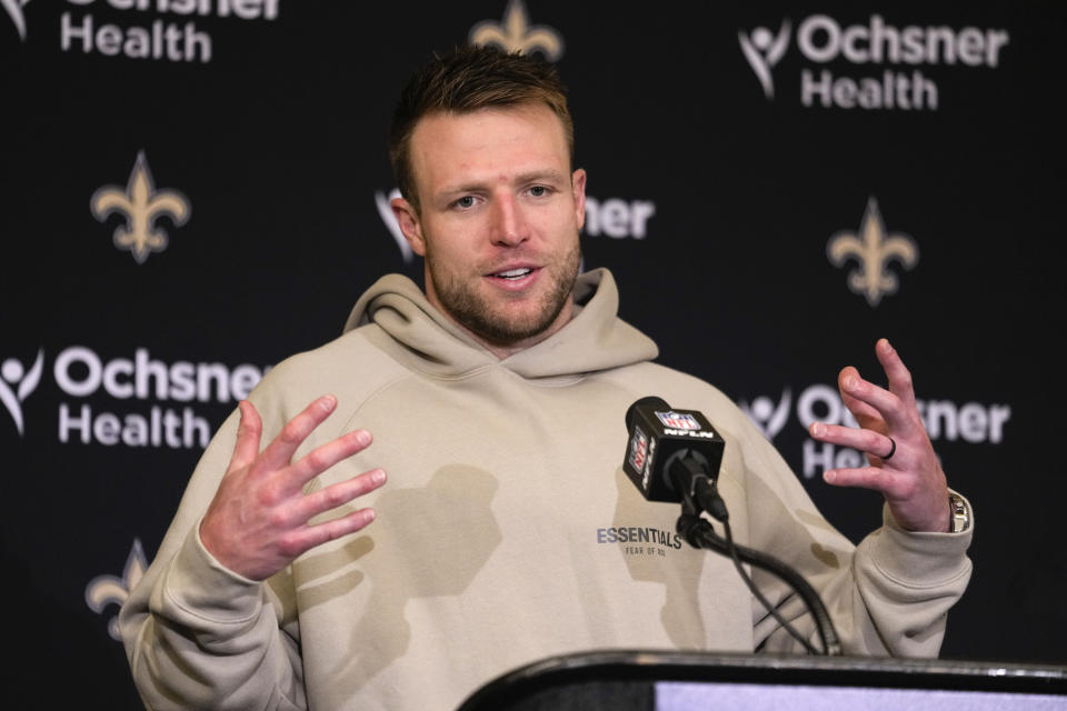 New Orleans Saints' Taysom Hill talks after an NFL football game against the Indianapolis Colts, Sunday, Oct. 29, 2023 in Indianapolis. (AP Photo/Michael Conroy)