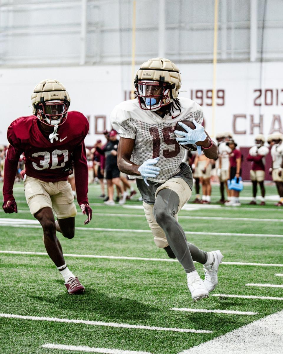 Wide reciever Lawayne McCoy (15) runs down the sidelines during FSU football practice on April 9, 2024.