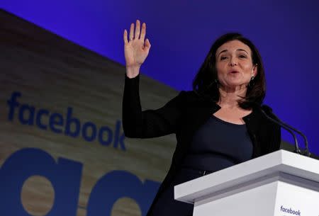 Sheryl Sandberg, Facebook's chief operating officer, addresses the Facebook Gather conference in Brussels, Belgium January 23, 2018. REUTERS/Yves Herman/Files