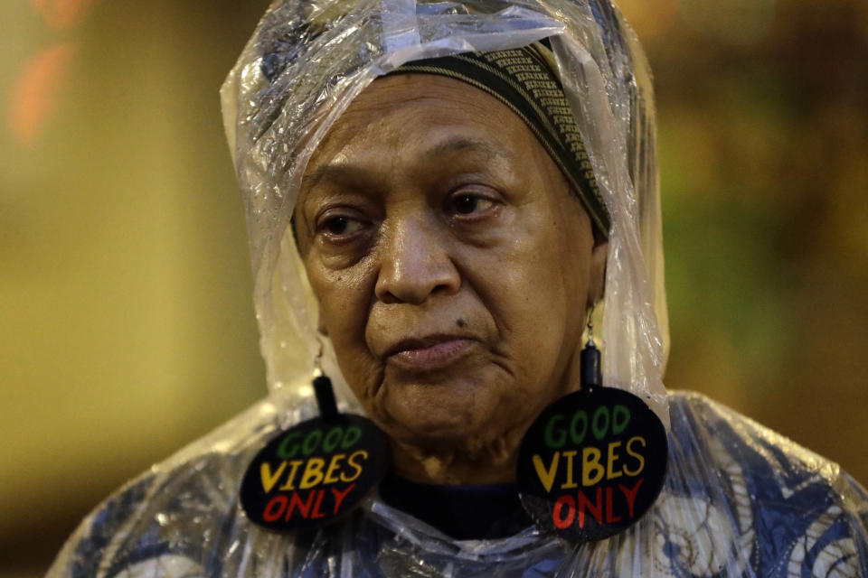 Pam Africa demonstrates in support of Mumia Abu-Jamal outside the offices of District Attorney Larry Krasner, Friday, Dec. 28, 2018, in Philadelphia. A judge issued a split ruling Thursday that grants Abu-Jamal another chance to appeal his 1981 conviction in a Philadelphia police officer's death. (AP Photo/Matt Slocum)