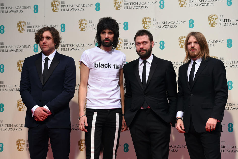 Kasabian pose for photographers in the winners room, at the British Academy  Film and Television Awards 2015, The BAFTAs, at the Royal Opera House, in London, Sunday, Feb. 8, 2015. (Photo by Jonathan Short/Invision/AP)