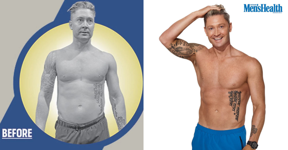 L'ancien capitaine de cricket australien Michael Clarke avant et après les tirs de sa transformation Men's Health.  Il a acquis un tonus musculaire important dans l'après coup, à droite.