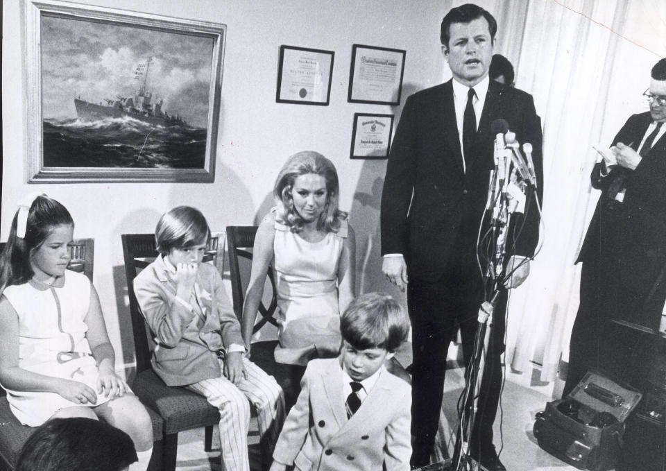 Sen. Ted Kennedy announces he will run for reelection of his Senate seat on June 11, 1970, in Boston, during a press conference attended by daughter Kara, 10; son Ted Jr., 8; Patrick, 3; and wife Joan Kennedy. (Photo: Charles Dixon/The Boston Globe via Getty Images)