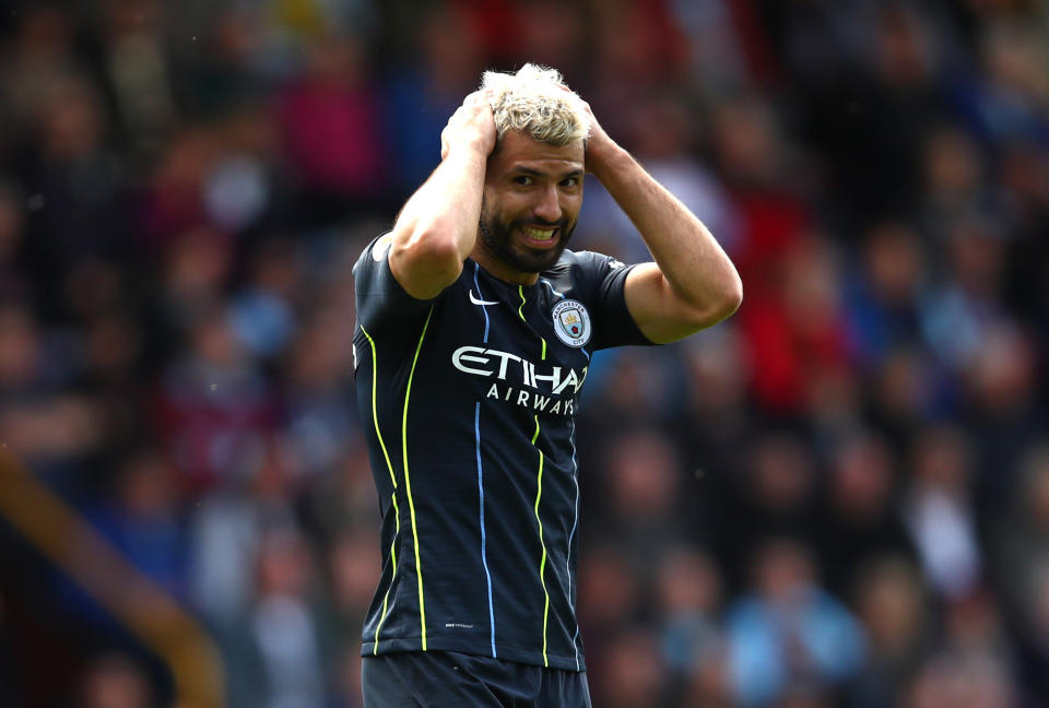 Sergio Aguero of Manchester City reacts during the Premier League match between Burnley and Manchester City 