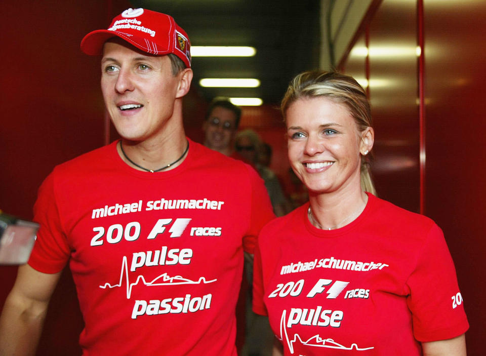 Michael Schumacher, pictured here with wife Corrina after the Spanish Grand Prix in 2004.