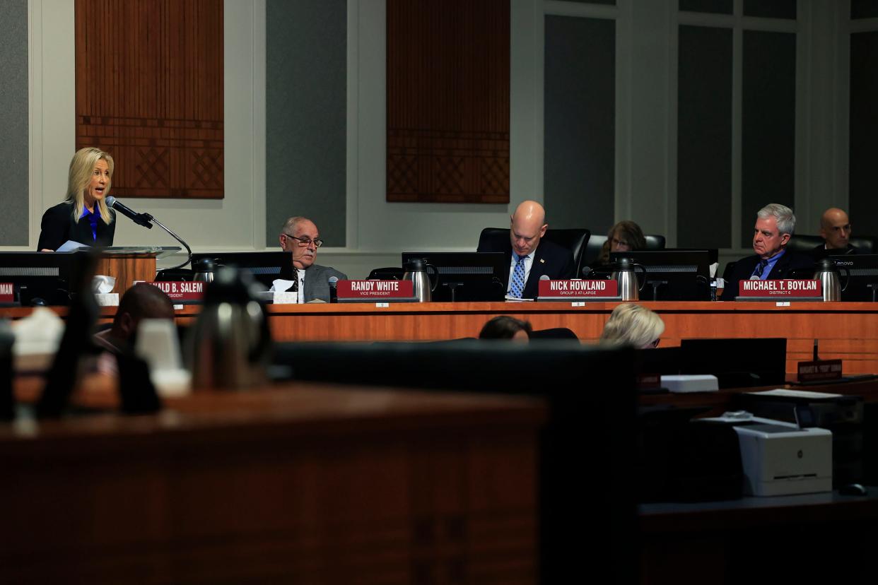 From left, Mayor Donna Deegan speaks as council members Randy White, Nick Howland and Michael Boylan listen Monday, July 17, 2023 at City Hall in Jacksonville, Fla. This was the new mayor’s first budget address. 