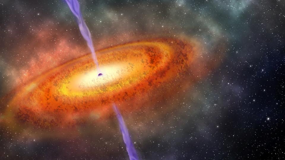  An illustration of a black hole surrounded by churning matter. New research suggests information about the black hole’s creation could be found as radiation in this region. 