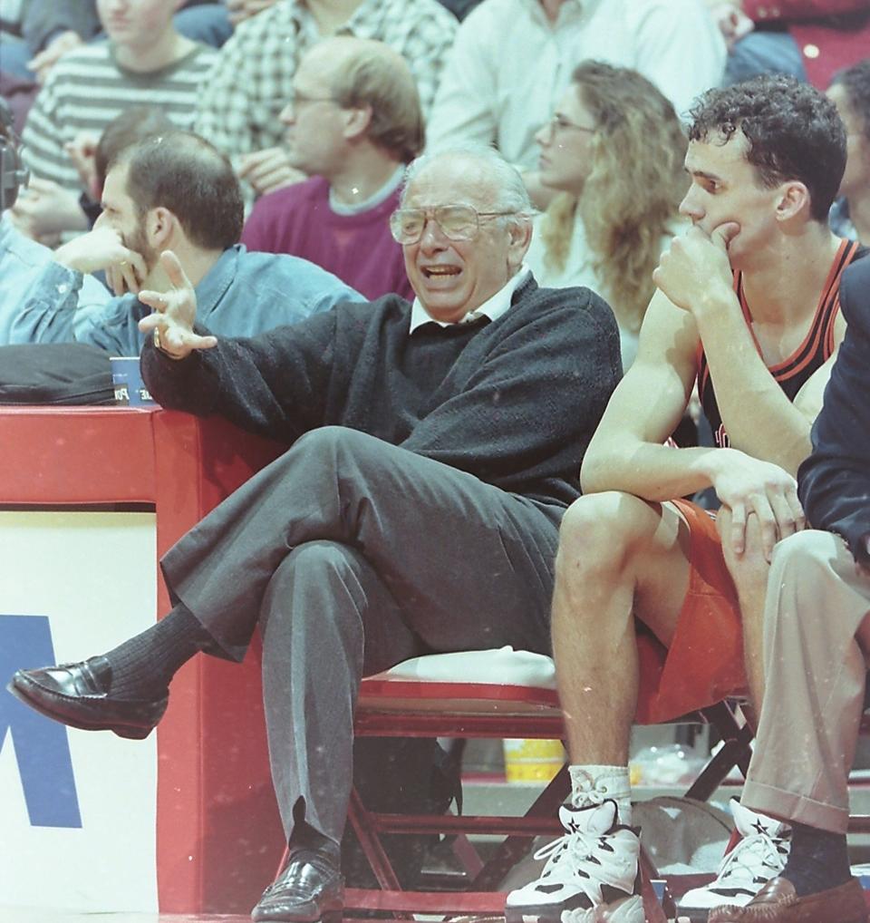 Princeton coach Pete Carril with Mitch Henderson during the 1995-96 season.
