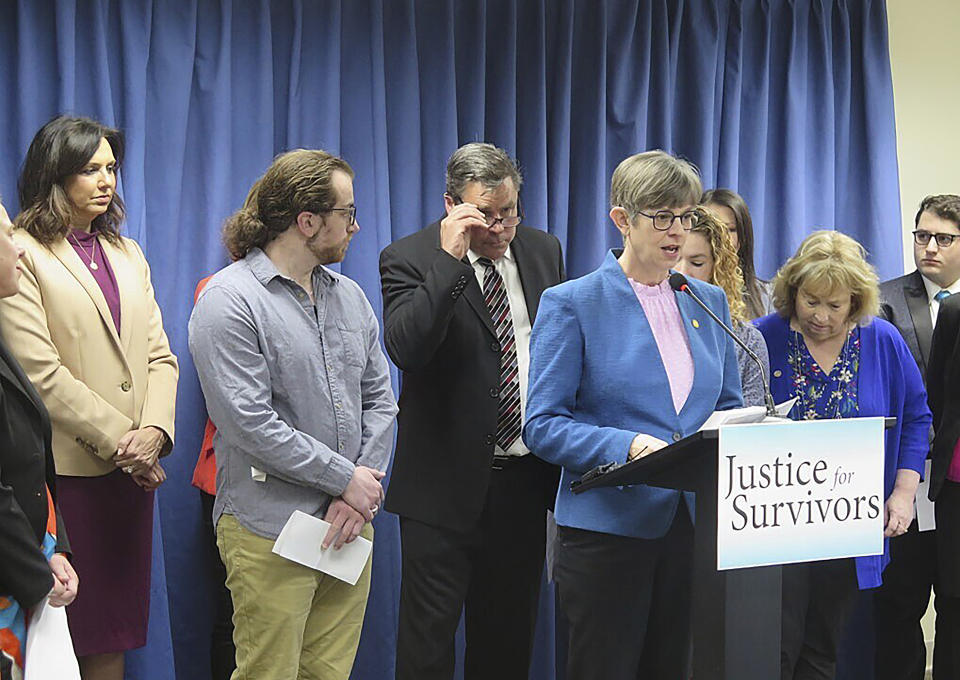 Democratic state Rep. Julie Brixie speaks during an April 27, 2023 press conference in Lansing, Mich. along with other lawmakers and sexual abuse victims, at which legislation was introduced to expand the statute of limitations for childhood sexual abuse in Michigan. (AP Photo/Joey Cappelletti)