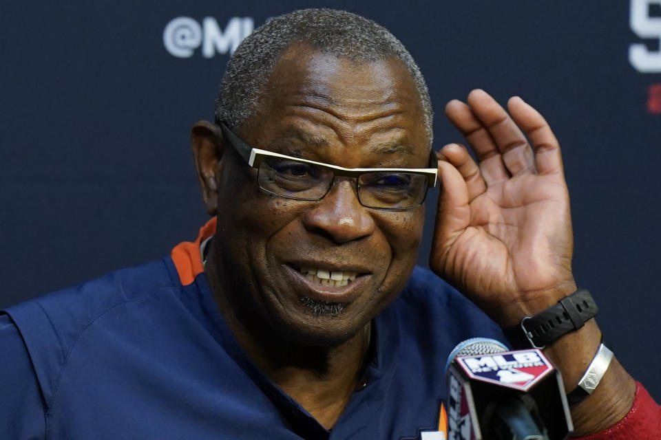 Houston Astros manager Dusty Baker Jr. speaks during a news conference Monday, Oct. 25, 2021, in Houston, in preparation for Game 1 of baseball's World Series tomorrow between the Houston Astros and the Atlanta Braves. (AP Photo/David J. Phillip)