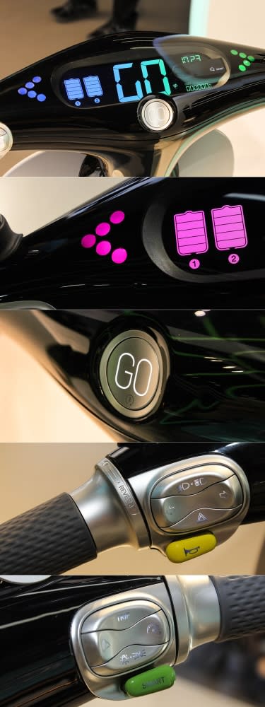 智慧型儀表板同樣運用LED科技，導入陽極處理的左右開關總成，右側的SMART按鍵啟動後會自行記錄騎士的用車習慣，左側把手則具有倒車檔，會以時速3km/h倒車，更便利取車動作。