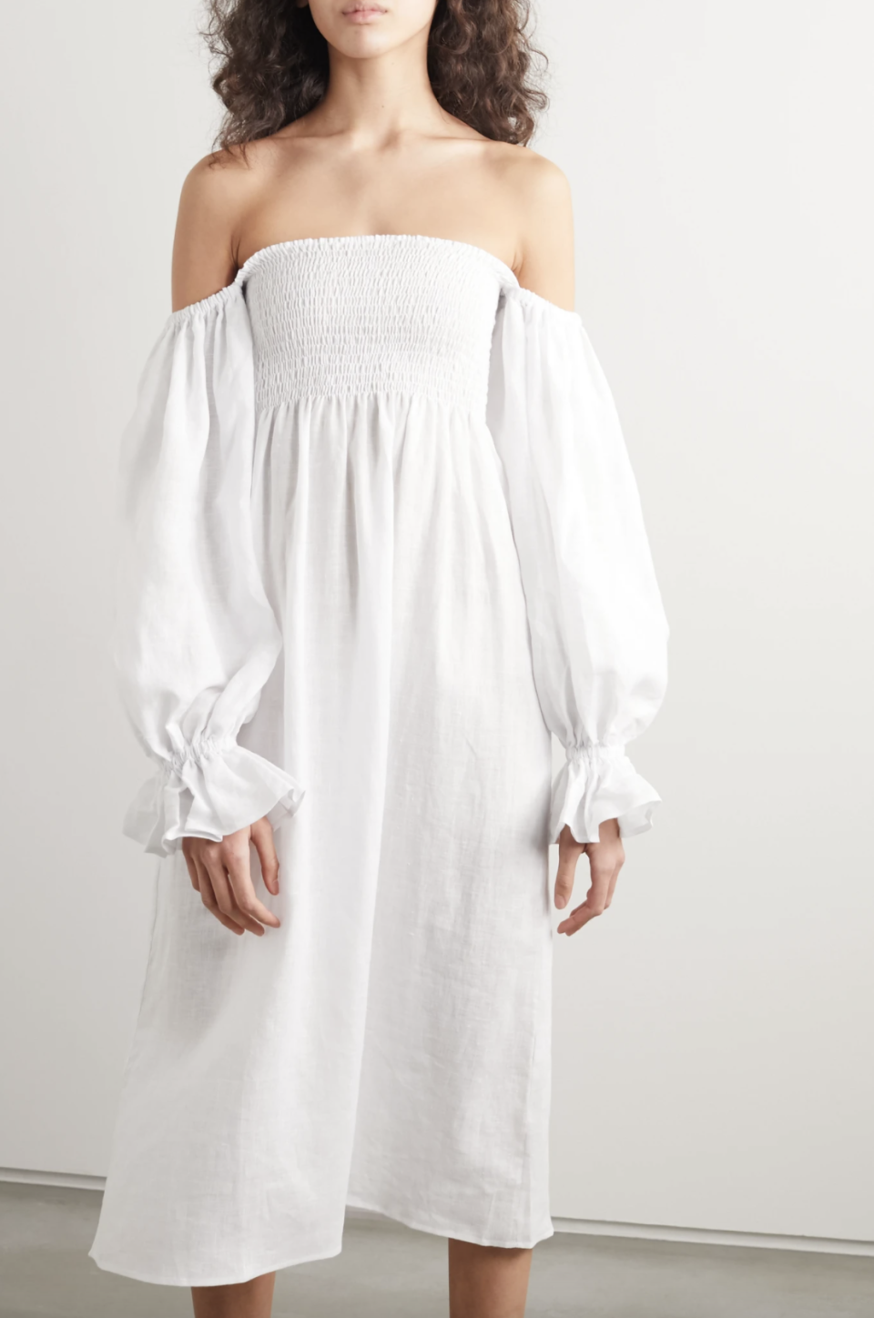 Sleeper Atlanta Off-the-Shoulder Shirred Linen Midi Dress