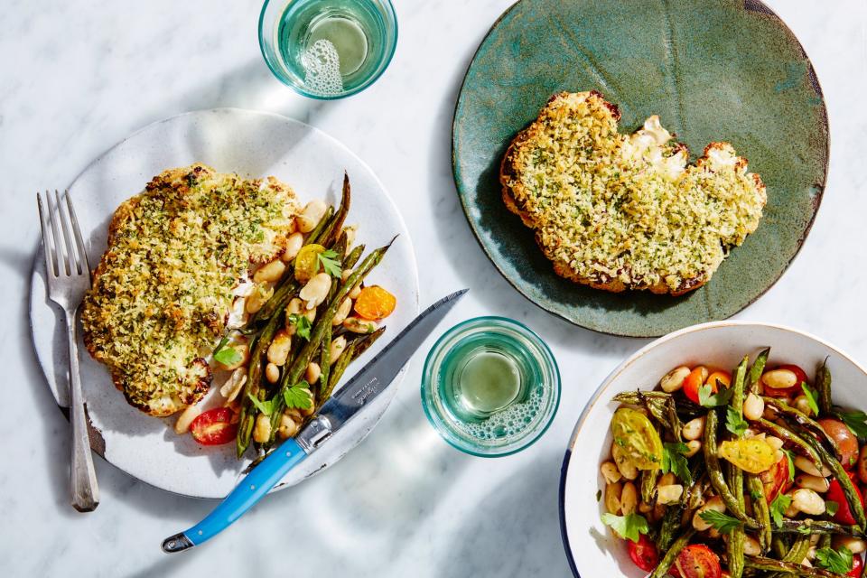 Herb-Crusted Cauliflower Steaks With Beans and Tomatoes