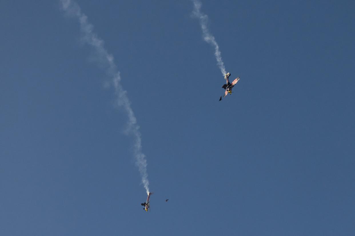 Pilots Luke Aikins and Andy Farrington are seen skydiving during Plane Swap in Eloy, Arizona, USA, on April 24, 2022.