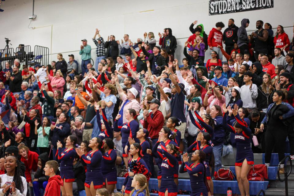 The Cedar faithful celebrate a big win over the Falcons as the clock hits 0:00. The Lebanon Cedars took a short drive to south Lebanon to face the Cedar Crest Falcons in a LL League girls' basketball game on Friday, Jan. 5, 2024. The Cedars got past the Falcons 53-41.