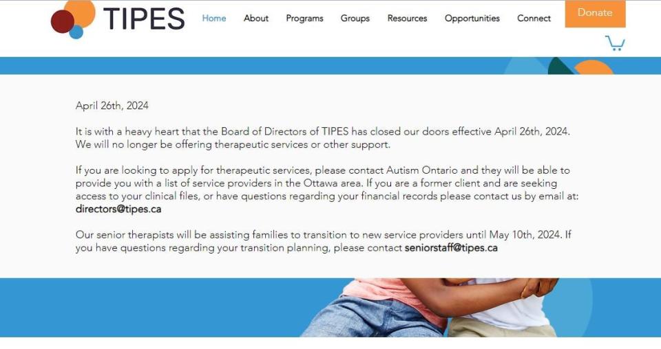 A screenshot of the message on TIPES' website. 