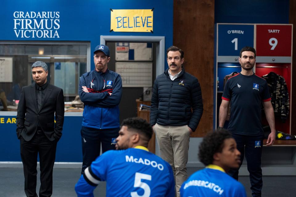 Nick Mohammed as Nathan Shelley, Brendan Hunt as Coach Beard, Jason Sudeikis as Ted Lasso, and Brett Goldstein as Roy Kent on season two, episode 12 of "Ted Lasso."