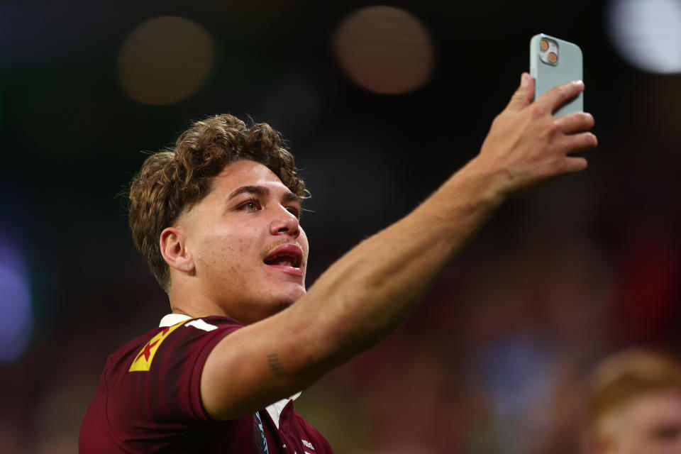 Reece Walsh takes a selfie after State of Origin.