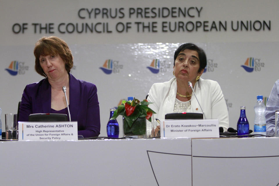 Cyprus' foreign minister Erato Kozakou-Marcoullis, right, and EU foreign policy chief Catherine Ashton speak to the media during a press conference in capital Nicosia, Cyprus, Saturday, Sept. 8, 2012. Ashton said that a top priority for the EU is to offer its full backing to the new U.N.-Arab League envoy to Syria, Lakhdar Brahimi who is set to begin mediation efforts to end the violence between Syrian President Bashar Assad’s regime and opposition groups seeking to topple his rule. (AP Photo/Petros Karadjias)