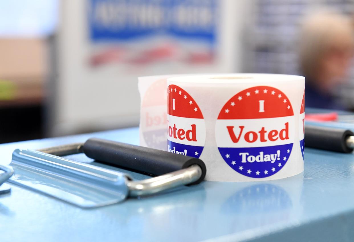 "I Voted" stickers rest on a ballot box on Wednesday, March 30, 2022, at the Minnehaha County Administrative Offices in Sioux Falls.