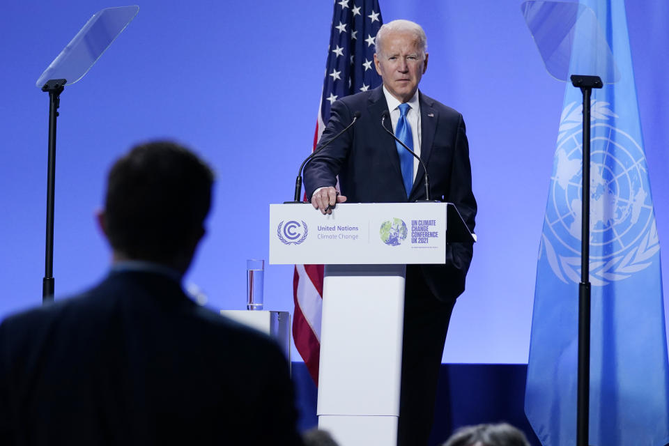 President Joe Biden listens to a question during a news conference at the COP26 U.N. Climate Summit, Tuesday, Nov. 2, 2021, in Glasgow, Scotland. (AP Photo/Evan Vucci)