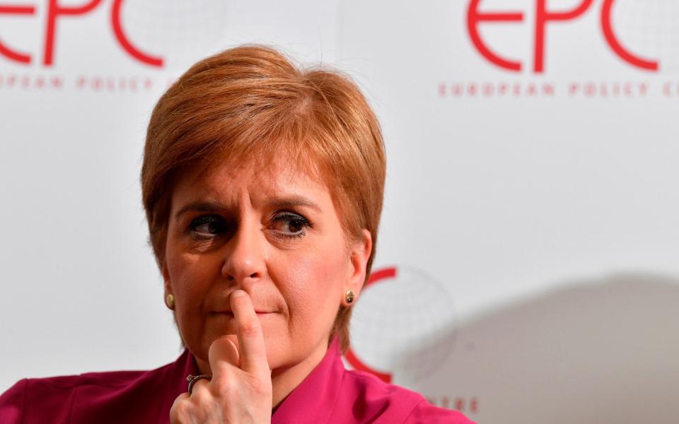 Scotland's First Minister, and leader of the Scottish National Party (SNP), Nicola Sturgeon, looks on during a speech on Scotland's European future after Brexit on February 10, 2020, in Brussels. - First Minister Nicola Sturgeon said end of January she was ready to step up the campaign for Scottish independence, arguing Brexit had set the country on the "wrong road". (Photo by JOHN THYS / AFP) (Photo by JOHN THYS/AFP via Getty Images) 