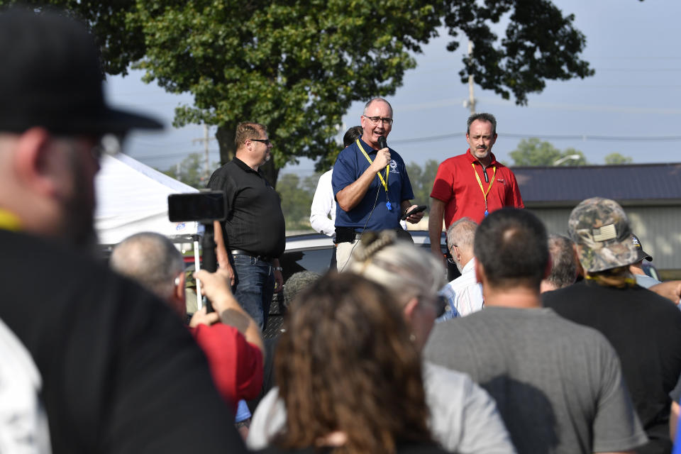 United Auto Workers Union President Shawn Fain speaks to members of Local 862 during practice pickets in Louisville, Ky., Thursday, Aug. 24, 2023. (AP Photo/Timothy D. Easley)