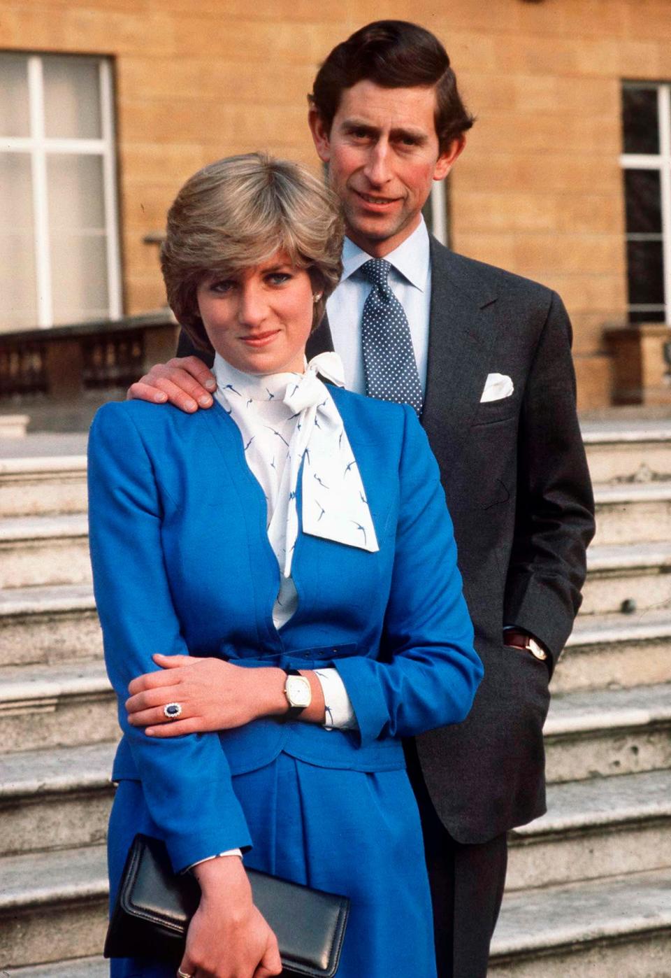 Charles and Princess Diana pose in the grounds of Buckingham Palace following the announcement of their engagement in 1981.