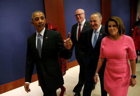 U.S. President Barack Obama arrives with New York Rep. Joe Crowley (3rd R), Senate Democratic Leader Chuck Schumer (2nd R) and House Democratic Leader Nancy Pelosi (R) to meet with House and Senate Democrats to discuss a strategy on congressional Republicans' effort to repeal the Affordable Care Act on Capitol Hill in Washington, U.S., January 4, 2017. REUTERS/Kevin Lamarque