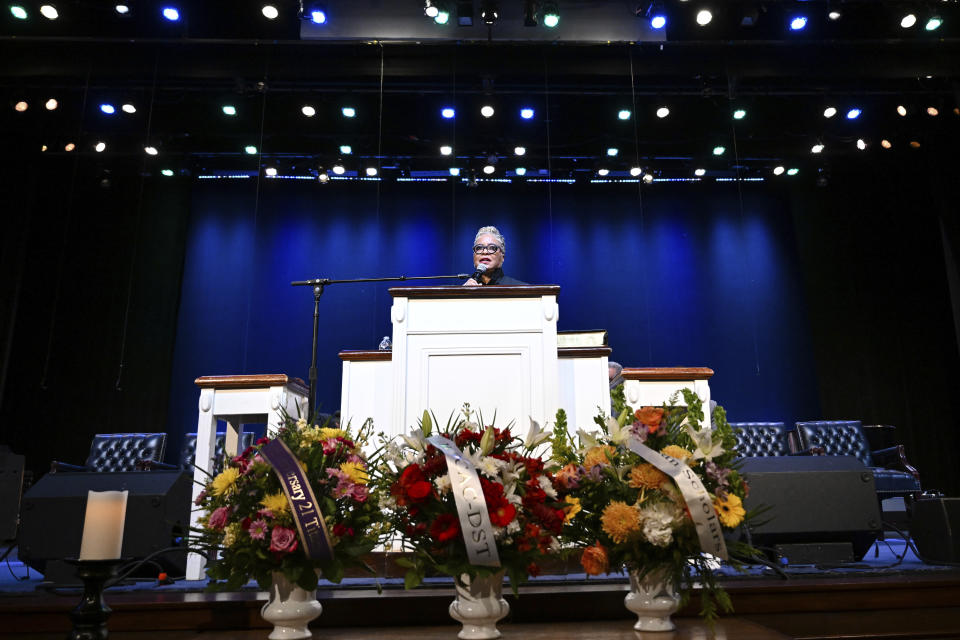 Rev. Gina Stewart preaches during church service at Rankin Chapel, Sunday, April 7, 2024, in Washington.Throughout its long history, the Black Church in America has, for the most part, been a patriarchal institution. Now, more Black women are taking on high-profile leadership roles. But the founder of Women of Color in Ministry estimates that less than one in 10 Black Protestant congregations are led by a woman. “I would hope that we can knock down some of those barriers so that their journey would be just a little bit easier,” said Stewart. (AP Photo/Terrance Williams)