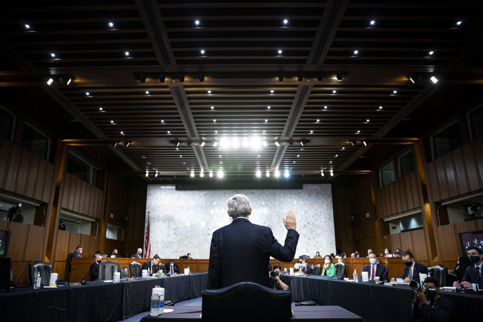 Judge Merrick Garland, nominee to be Attorney General, is sworn in at his confirmation hearing before the Senate Judiciary Committee, Monday, Feb. 22, 2021 on Capitol Hill in Washington. (Al Drago/Pool via AP)