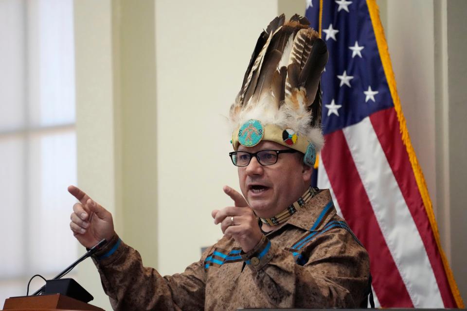 William Nicholas, Chief of the Passamaquoddy Tribe at Motahkomikuk, addresses the Legislature, Wednesday, March 16, 2023, at the State House in Augusta, Maine.