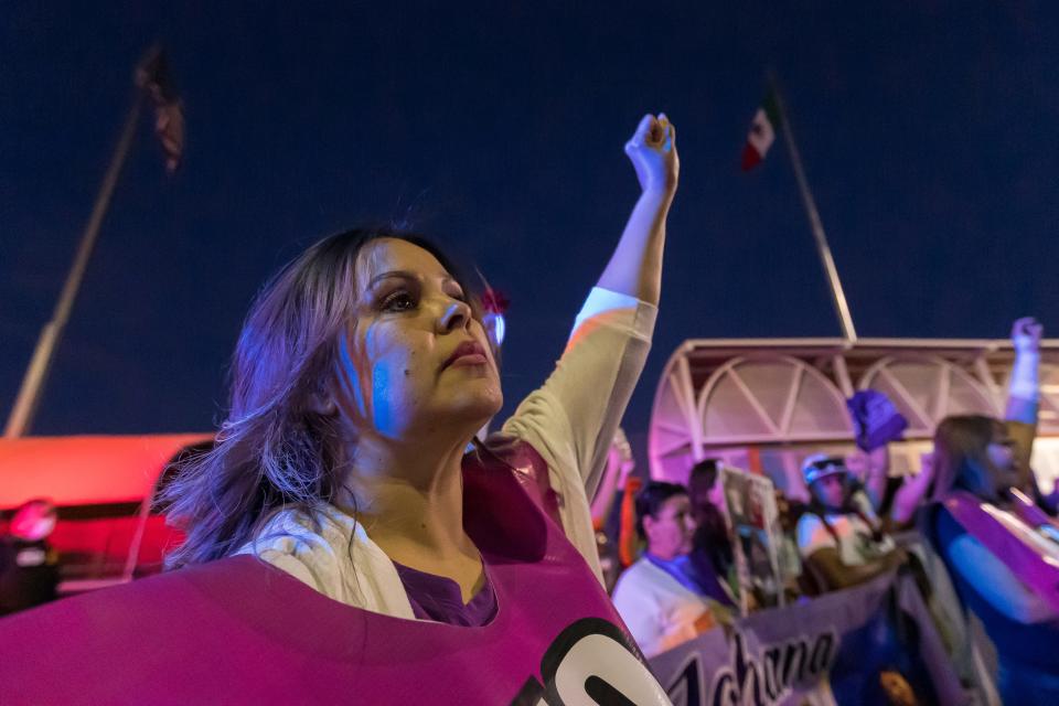 Women and girls marched to the middle of the Paso del Norte International Bridge for the 8M march on International Women's Day Wednesday, March 8, 2023, in Juarez.