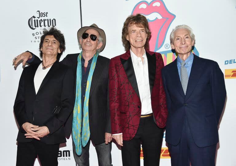 The Rolling Stones: de izquierda a derecha, Ronnie Wood, Keith Richards, Mick Jagger y Charlie Watts. La imagen es de la fiesta presentación de Exhibitionism, una muestra sobre la trayectoria de Sus Majestades Satánicas, el 15 de noviembre de 2016