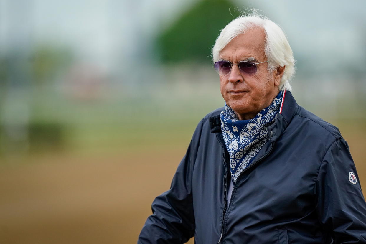 Bob Baffert, trainer of Kentucky Derby winner Medina Spirit, stands near the track at Churchill Downs in Louisville, Kentucky, U.S. April 28, 2021. Picture taken April 28, 2021.  REUTERS/Bryan Woolston